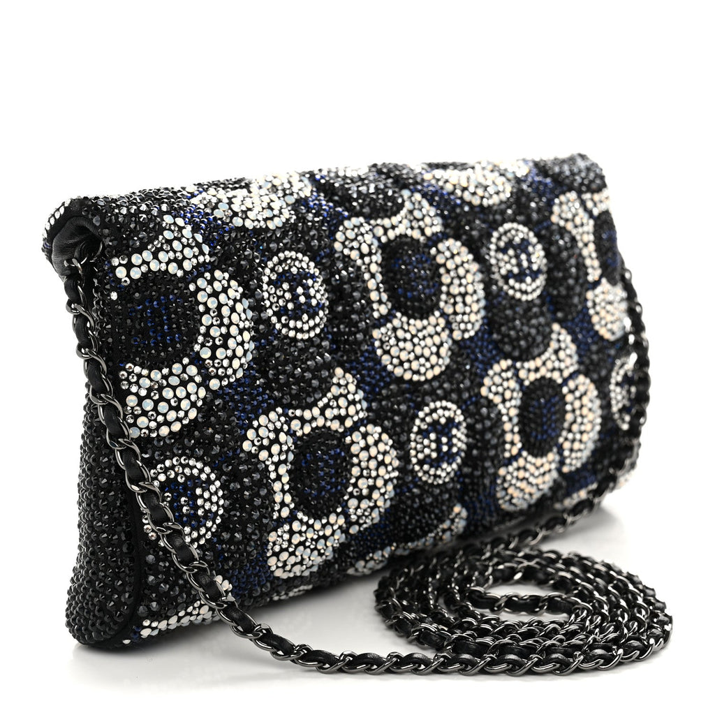 Satin Strass Flower Clutch With Chain Black White Blue