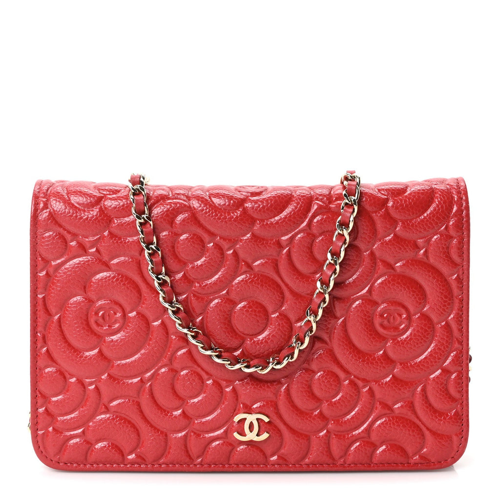 Caviar Camellia Embossed Wallet On Chain WOC Red