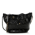 Shiny Aged Calfskin CC Chain Drawstring Bag Black