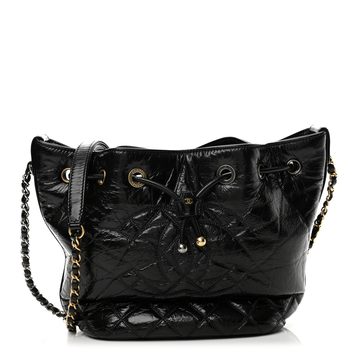 Shiny Aged Calfskin CC Chain Drawstring Bag Black
