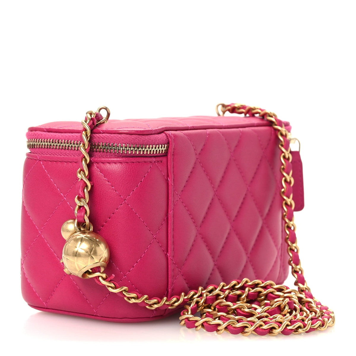 Lambskin Quilted Small Pearl Crush Vanity Case With Chain Fuchsia