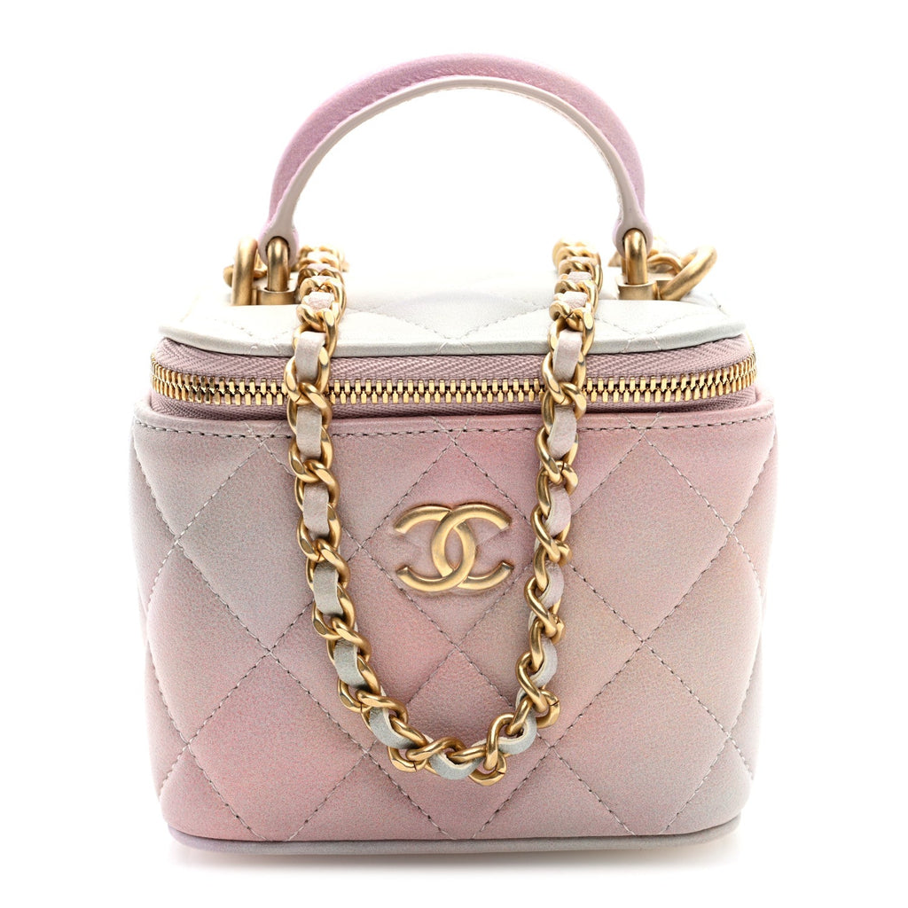 Lambskin Quilted Ombre Mini Top Handle Vanity Case With Chain Pink Multicolor