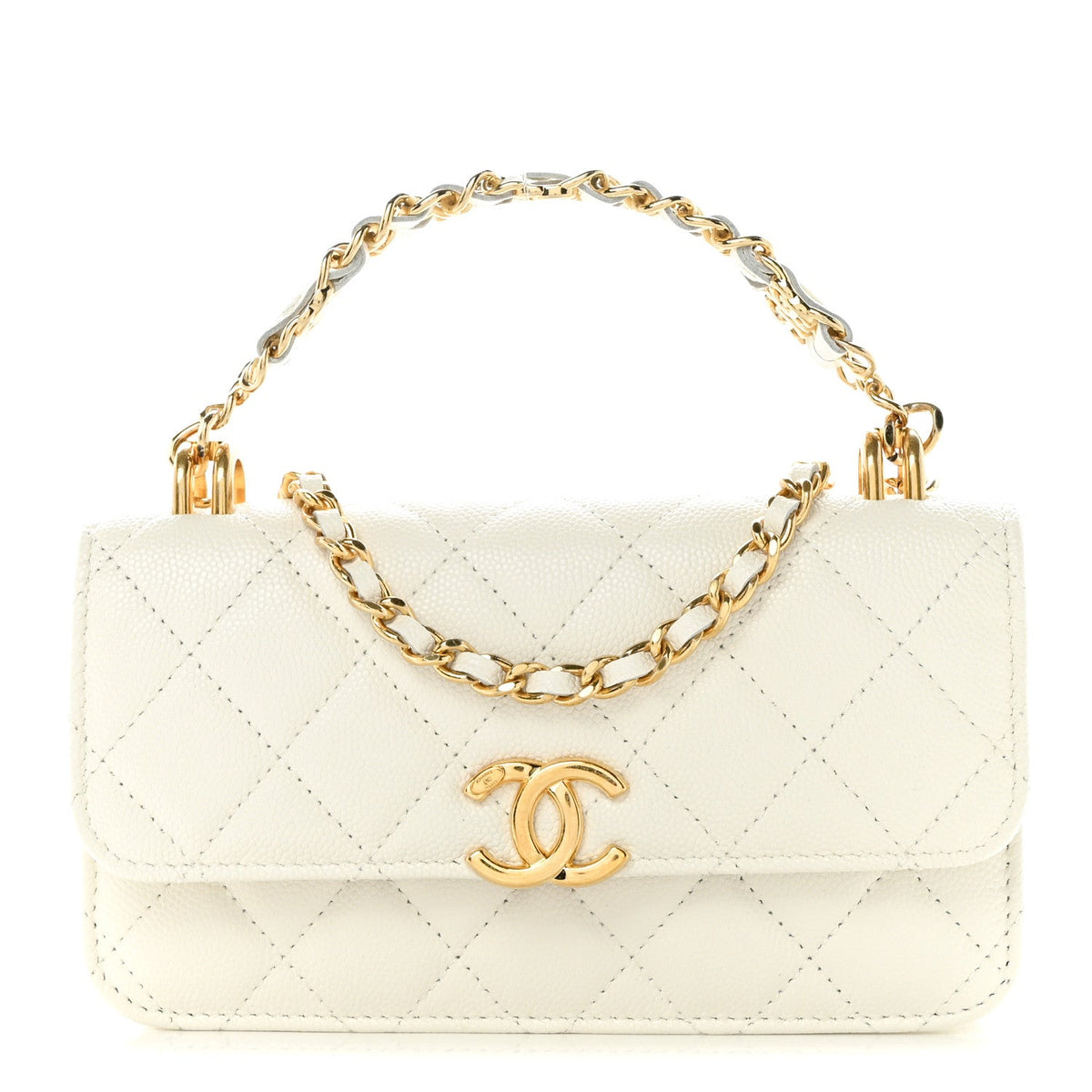 Caviar Quilted Phone Holder With Chain White