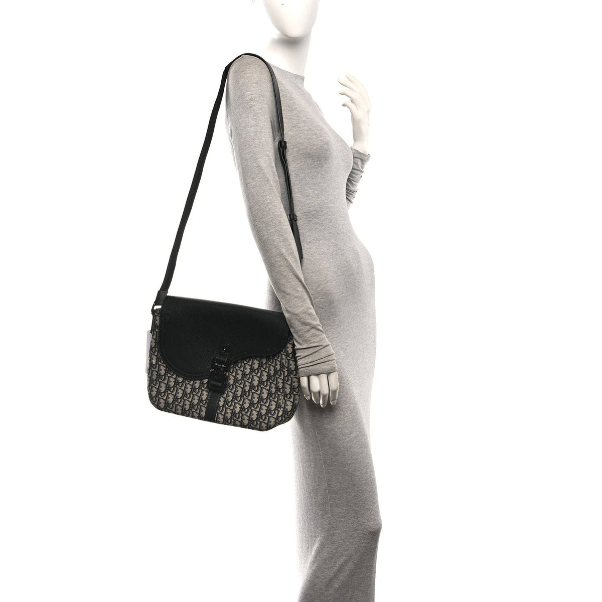 Oblique Jacquard Grained Calfskin Medium Saddle Messenger Bag Beige Black