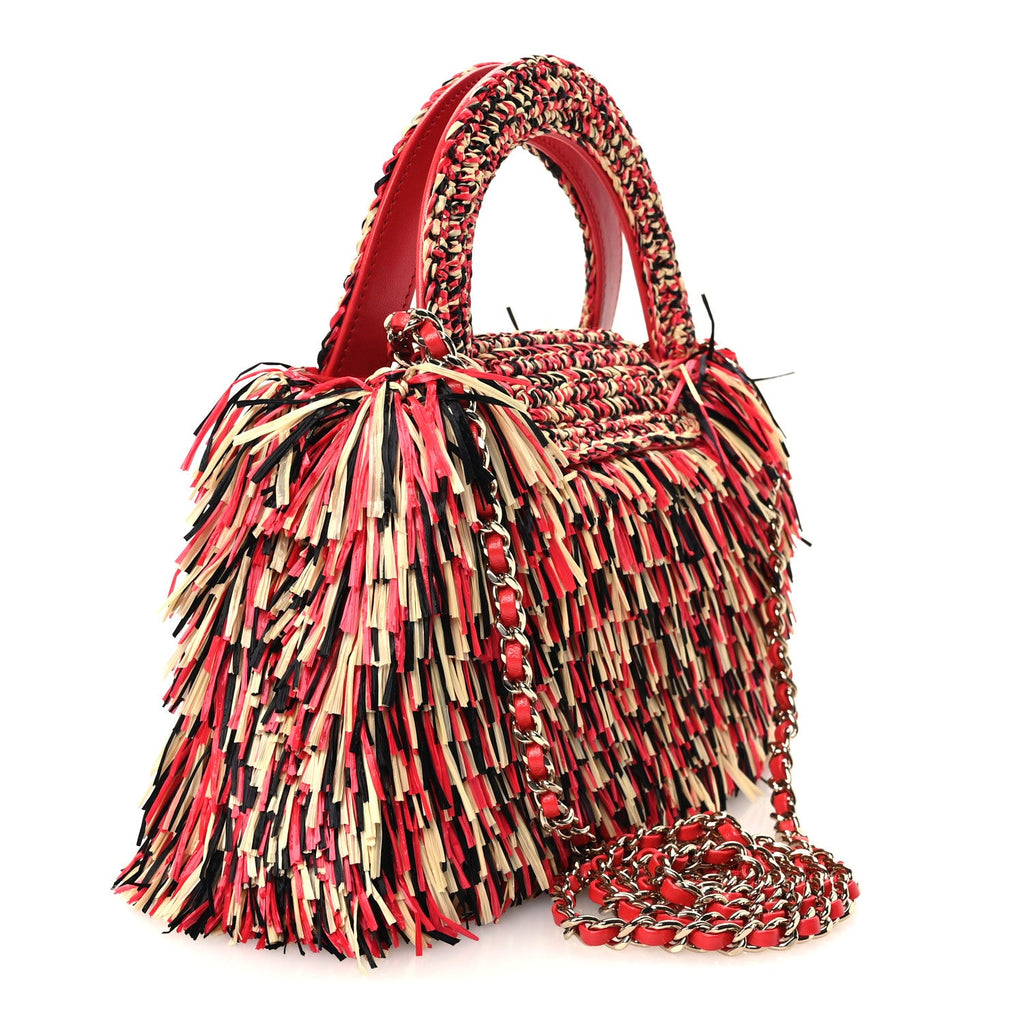 Raffia Fringe Nano Kelly Shopper Red Beige Black