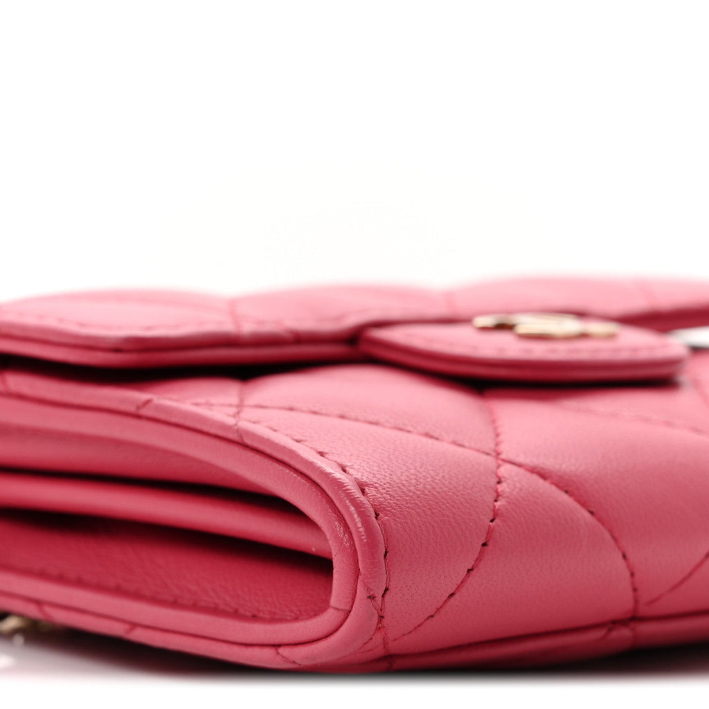 Lambskin Quilted Flap Card Holder On Chain Pink