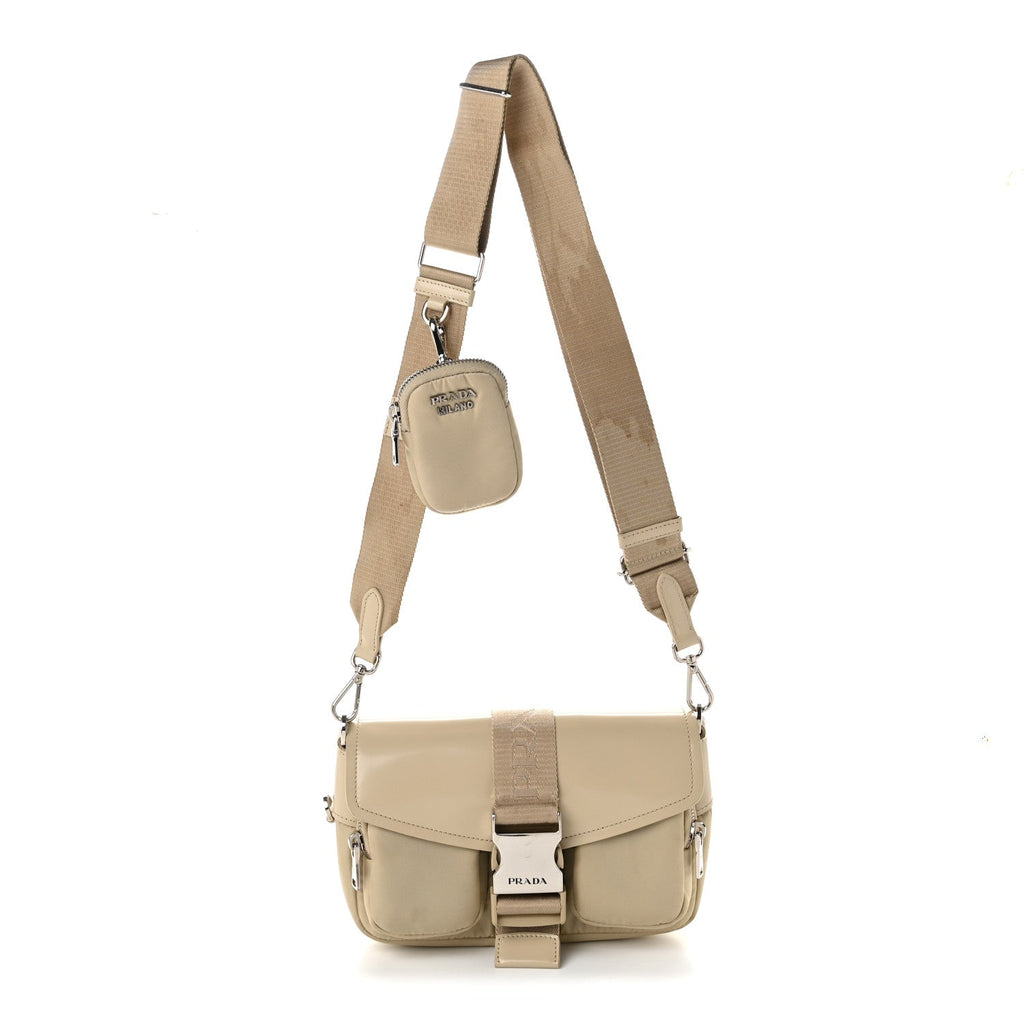 Re-Nylon Spazzolato Double Pocket Buckle Shoulder Bag Deserto