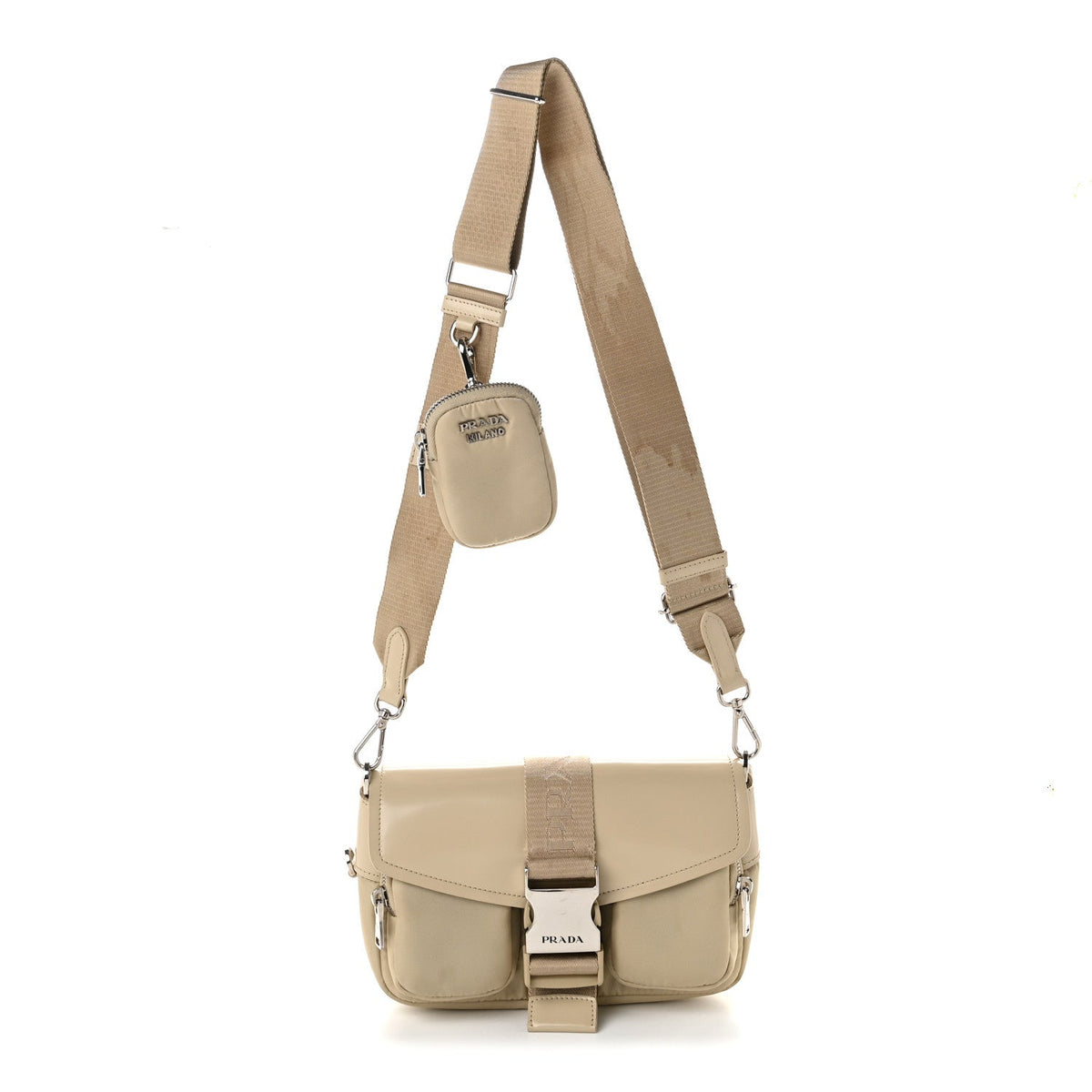 Re-Nylon Spazzolato Double Pocket Buckle Shoulder Bag Deserto