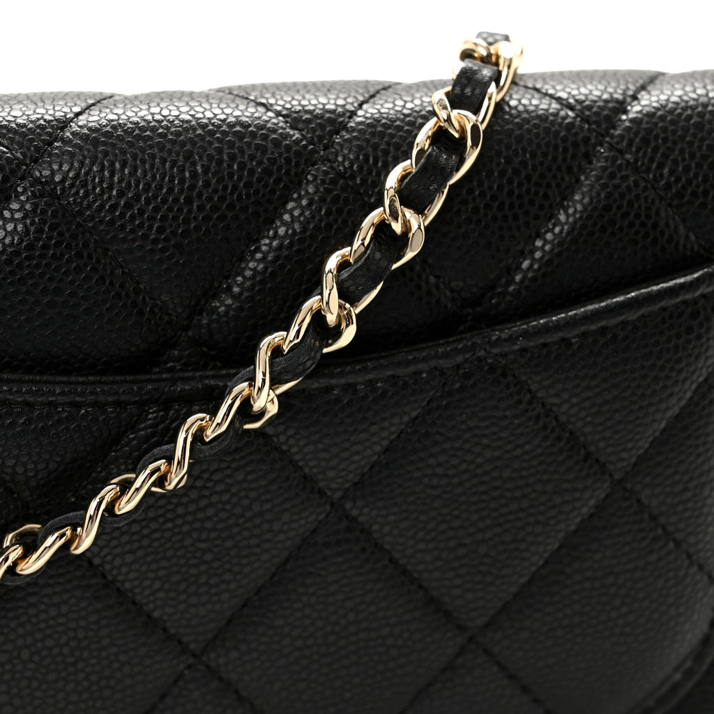 Caviar Quilted Phone Holder Wallet on Removable Chain Black
