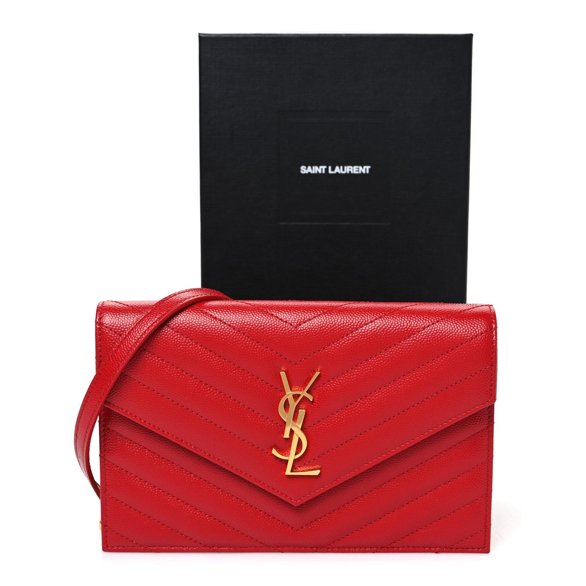 Grain De Poudre Matelasse Chevron Monogram Envelope Chain Wallet Bandana Red