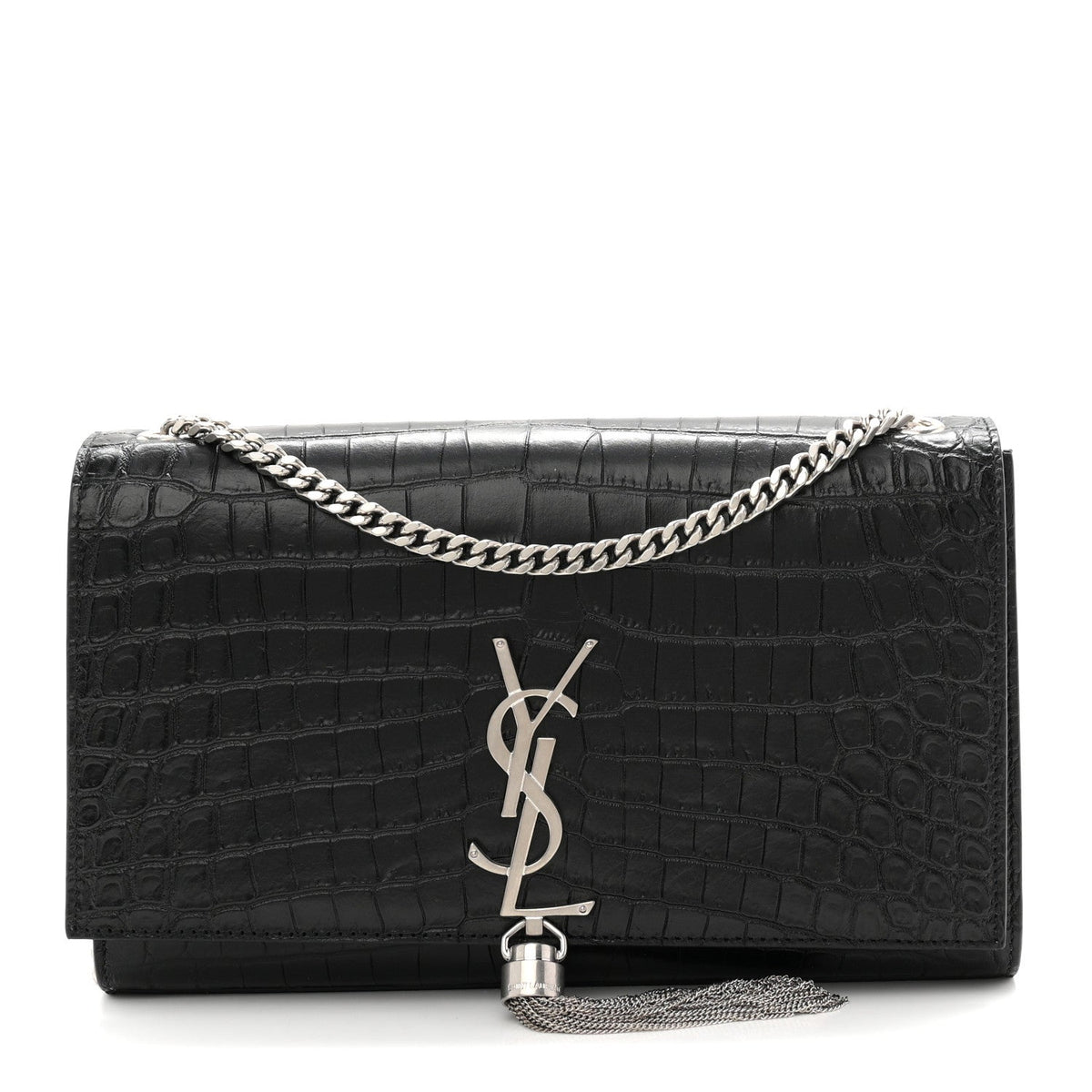 Calfskin Crocodile Embossed Medium Classic Monogram Kate Tassel Satchel Black