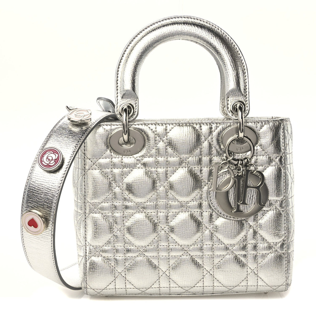 Metallic Grained Calfskin Cannage Small Lucky Badges My Lady Dior Silver