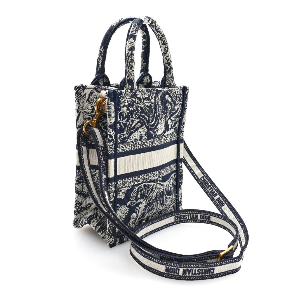Canvas Toile de Jouy Reverse Embroidered Mini Book Tote Phone Bag Blue