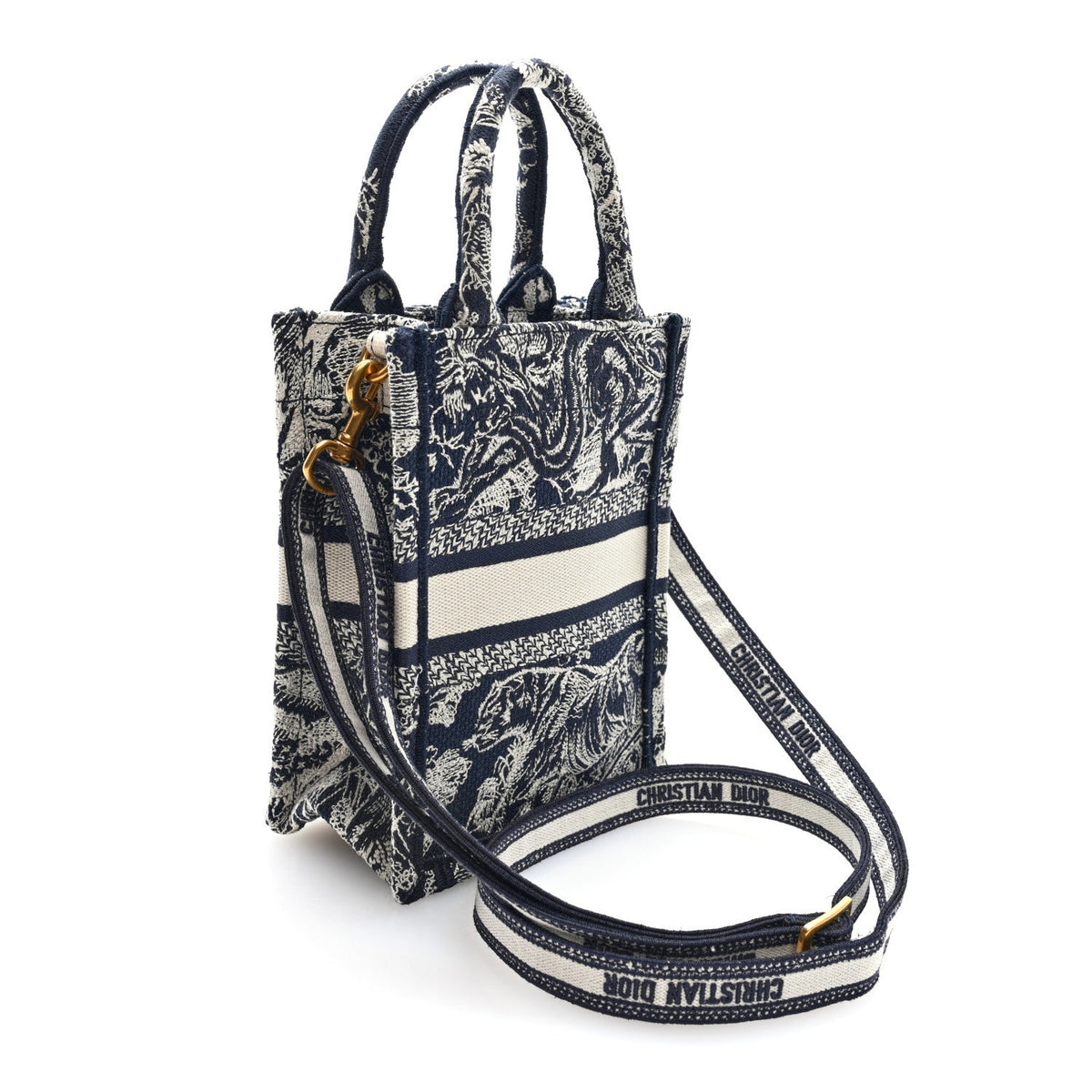 Canvas Toile de Jouy Reverse Embroidered Mini Book Tote Phone Bag Blue