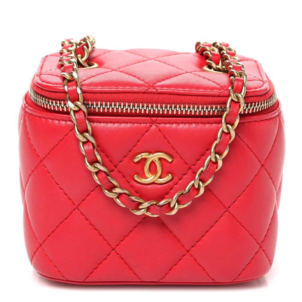 Lambskin Quilted Pearl Crush Mini Vanity Case With Chain Red