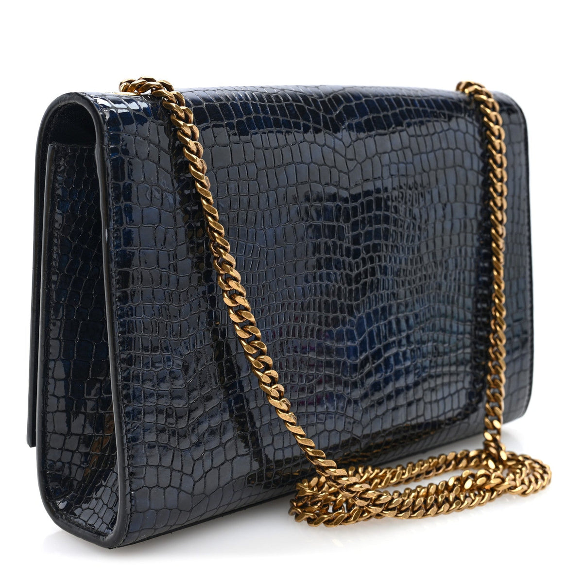 Calfskin Crocodile Embossed Medium Classic Monogram Kate Tassel Satchel Black Blue