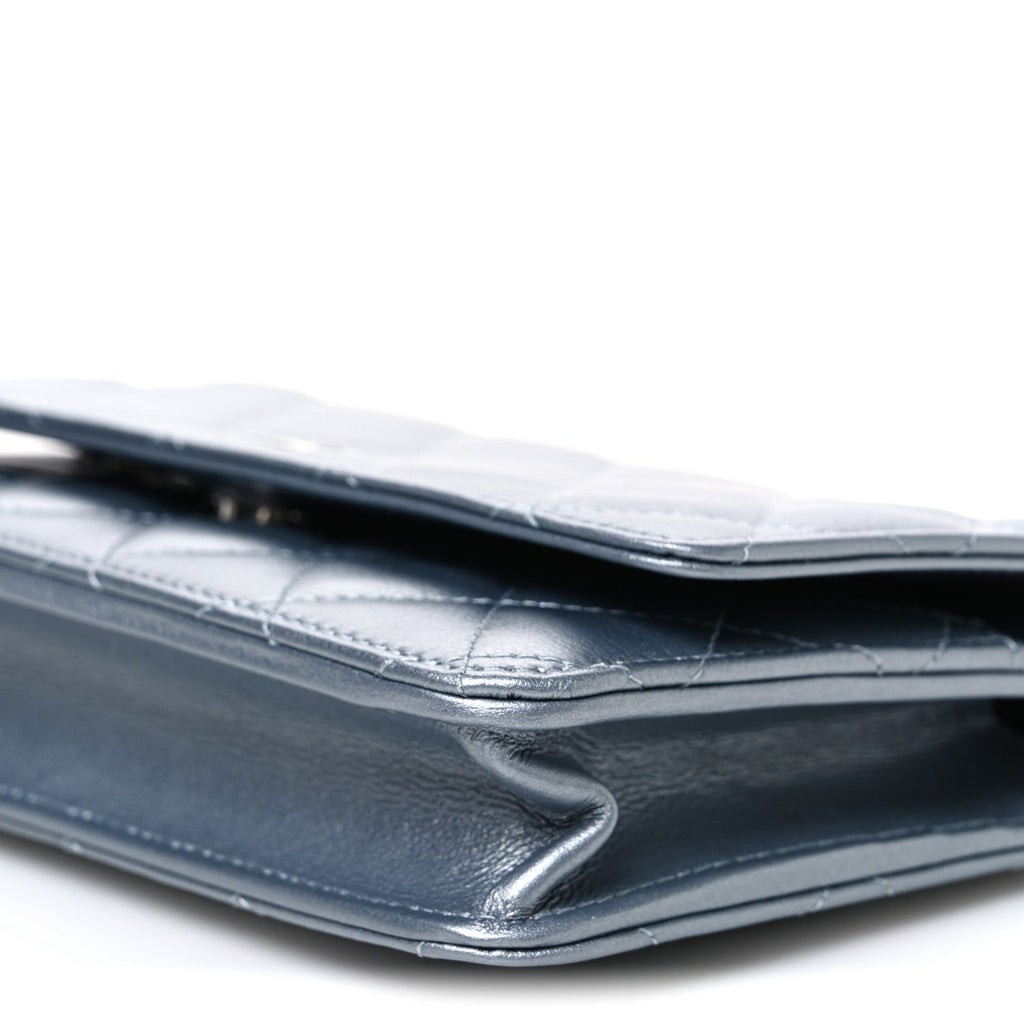 Metallic Lambskin Quilted Wallet On Chain WOC Silver