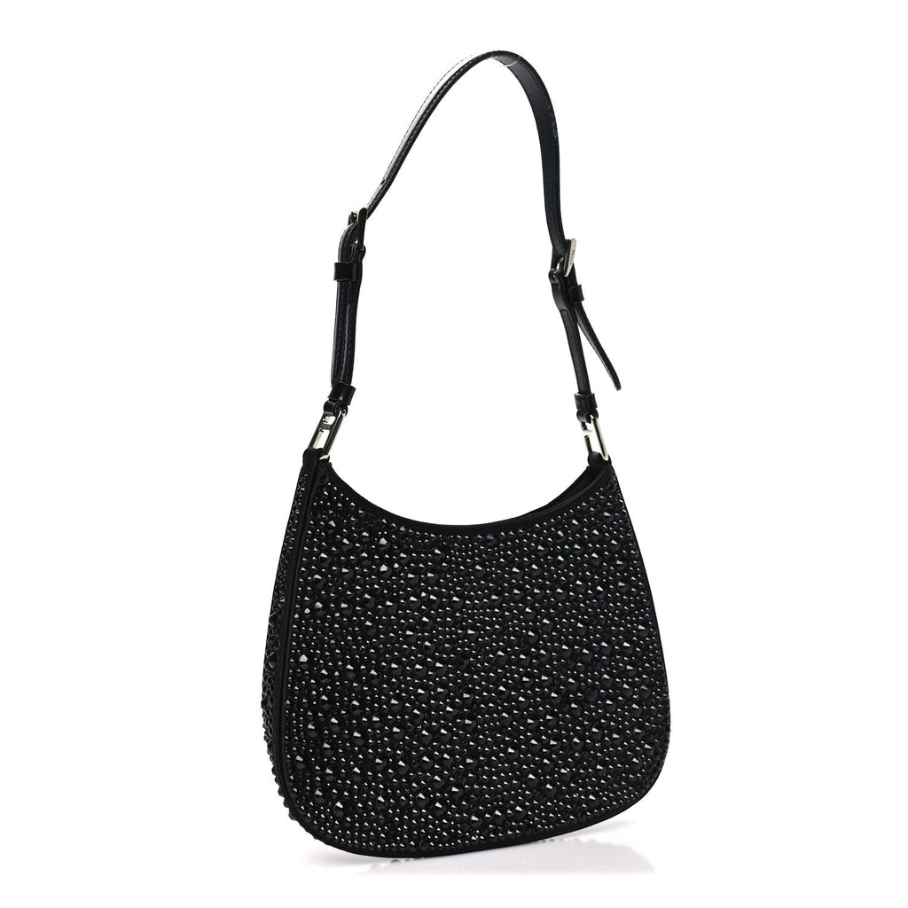 Satin Crystal Cleo Adjustable Strap Shoulder Bag Black