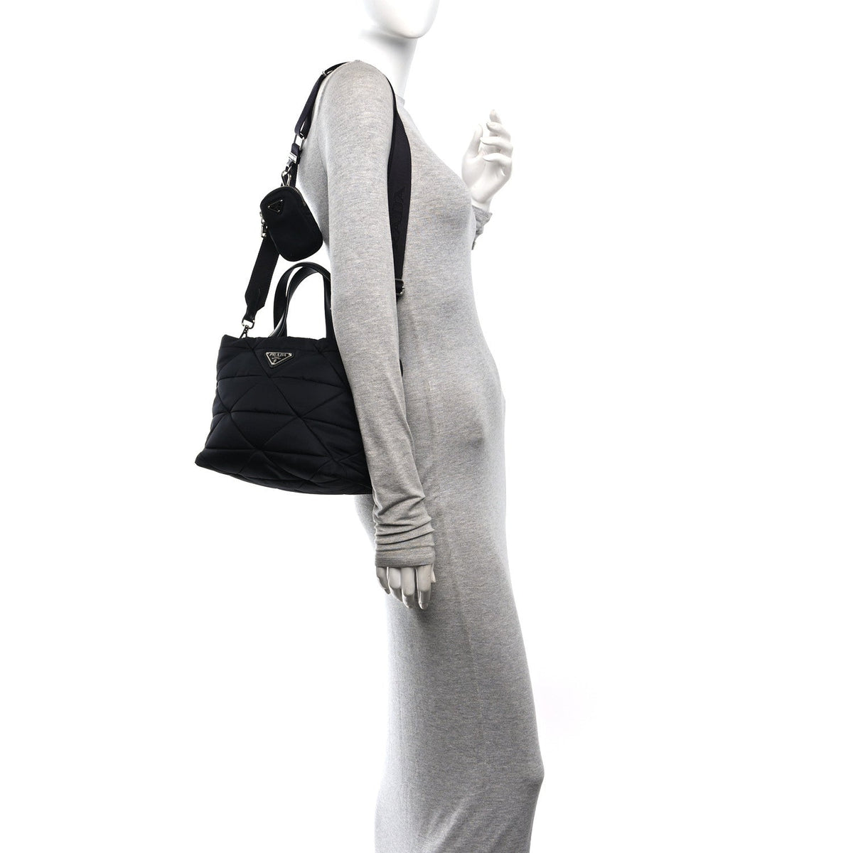 Re-Nylon Nappa Triangle Quilted Padded Double Handled Zip Pocket Tote Black