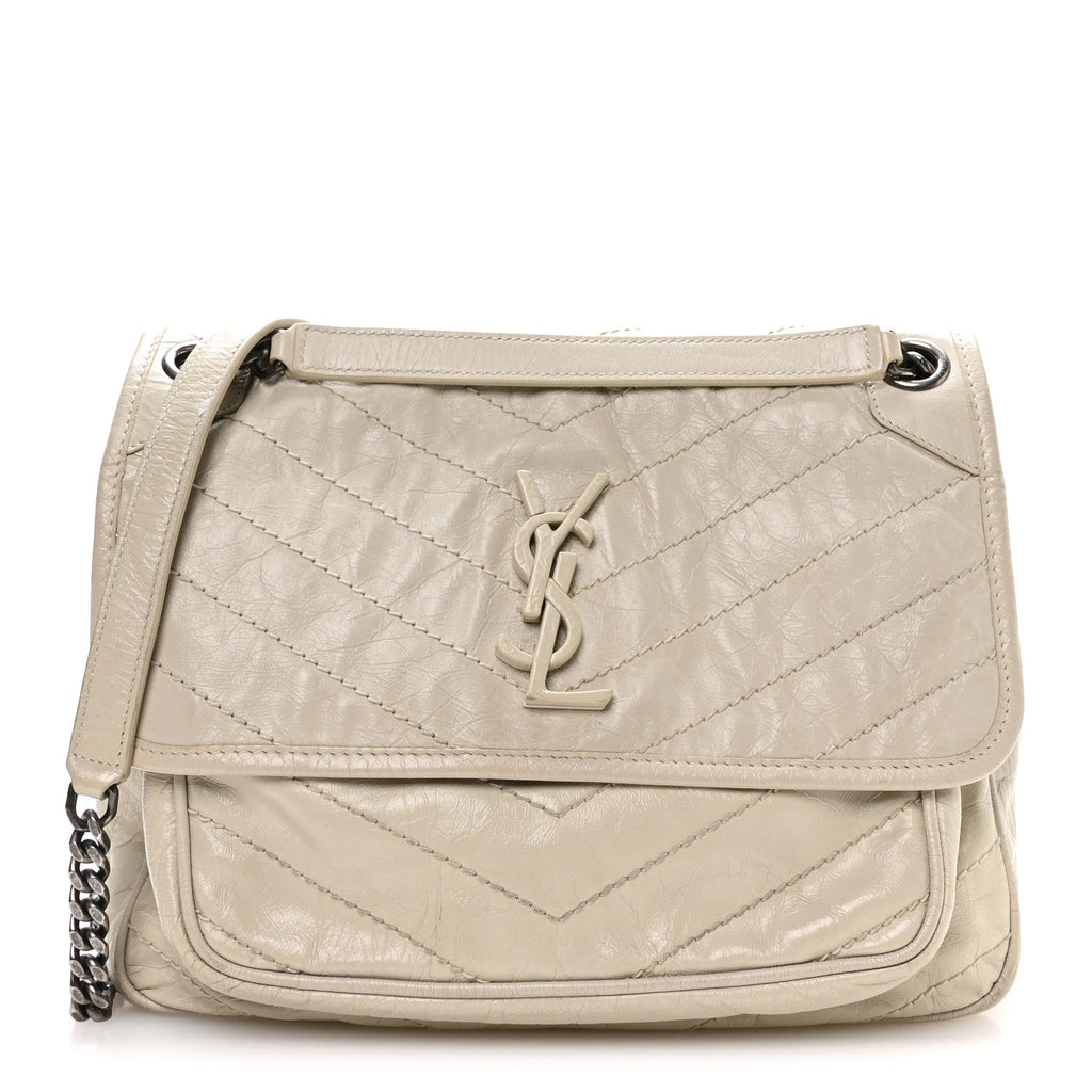 Crinkled Calfskin Matelasse Monogram Medium Niki Chain Satchel Crema Soft