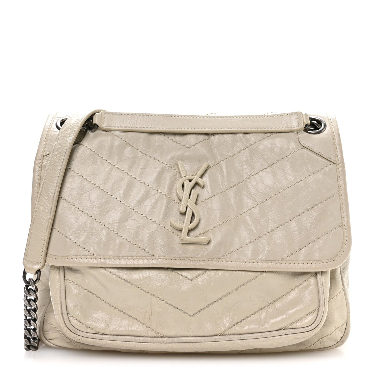 Crinkled Calfskin Matelasse Monogram Medium Niki Chain Satchel Crema Soft