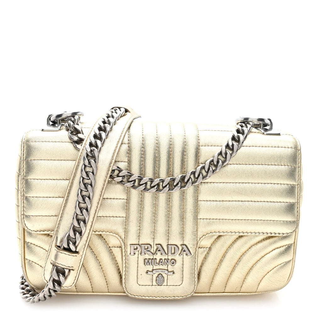 Metallic Nappa Impunture Diagramme Medium Chain Flap Shoulder Bag  Gold