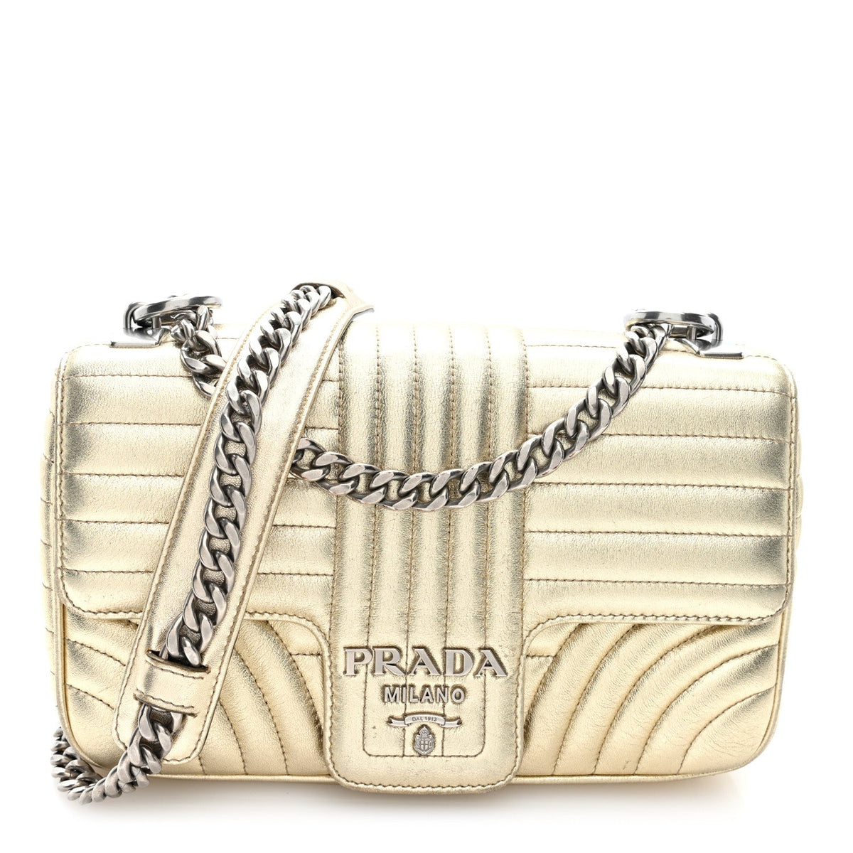 Metallic Nappa Impunture Diagramme Medium Chain Flap Shoulder Bag  Gold
