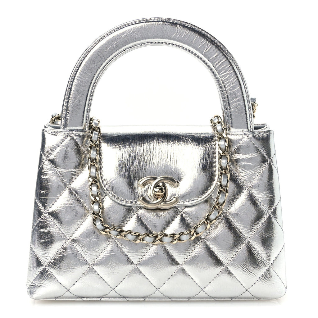 Metallic Aged Calfskin Quilted Nano Kelly Shopper Silvery