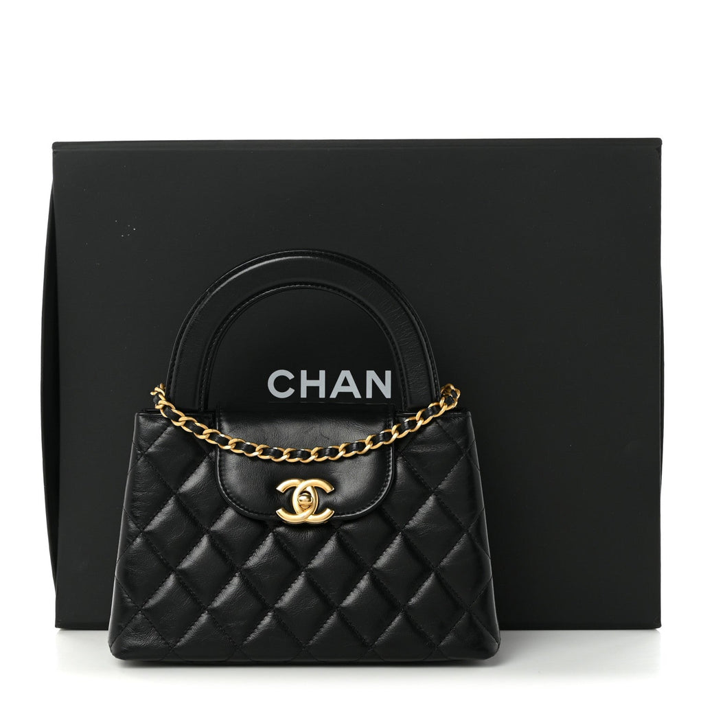 Shiny Aged Calfskin Quilted Nano Kelly Shopper Black