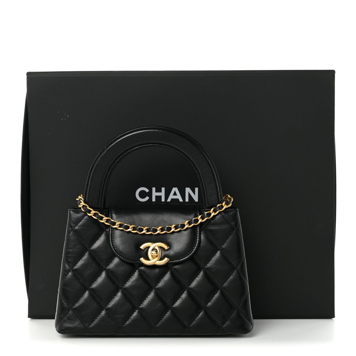 Shiny Aged Calfskin Quilted Nano Kelly Shopper Black