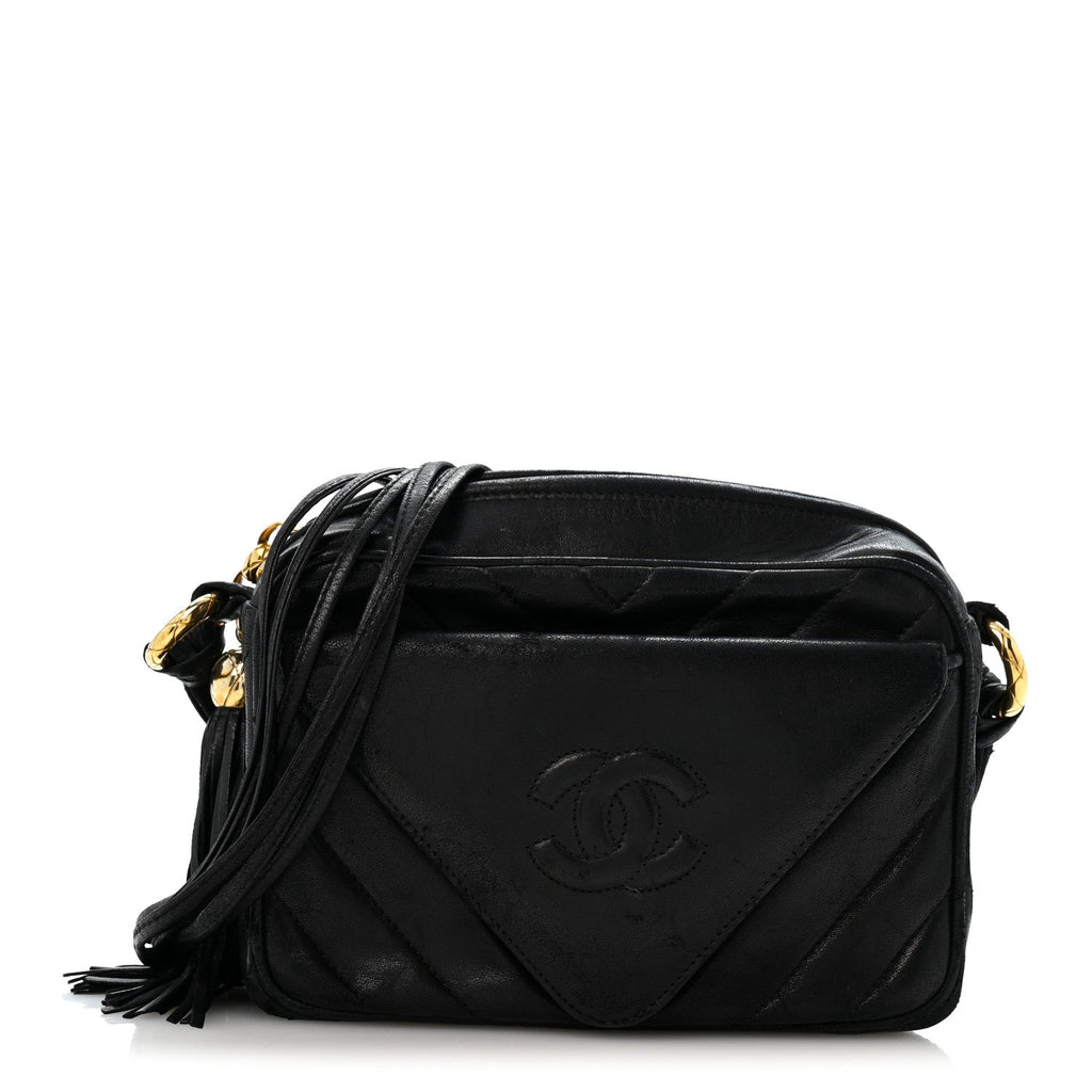 Lambskin Chevron Quilted Tassel Camera Case Black