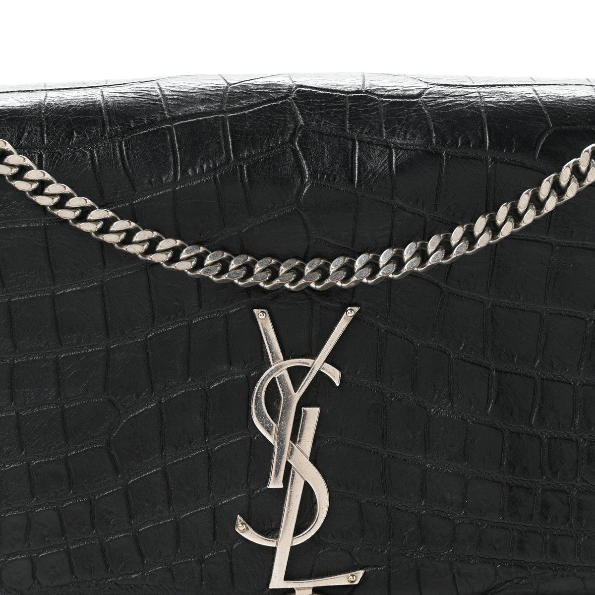 Calfskin Crocodile Embossed Medium Classic Monogram Kate Tassel Satchel Black