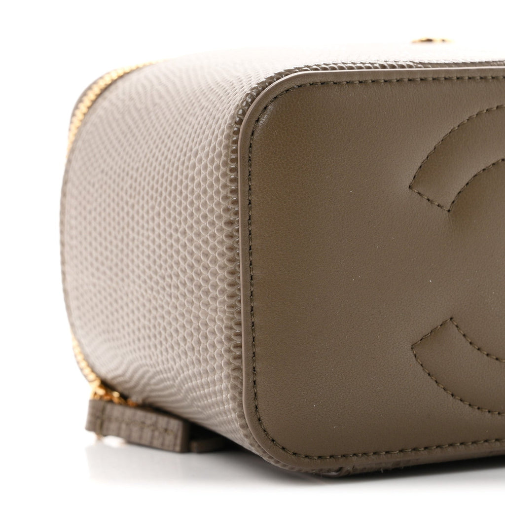 Calfskin Lizard Embossed Top Handle Vanity With Chain Dark Khaki