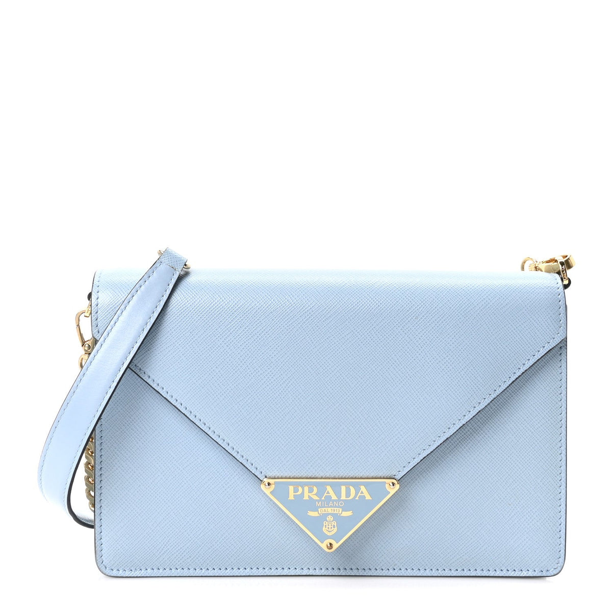 Saffiano Lux Metal Triangle Logo Mini Envelope Chain Shoulder Bag Blue