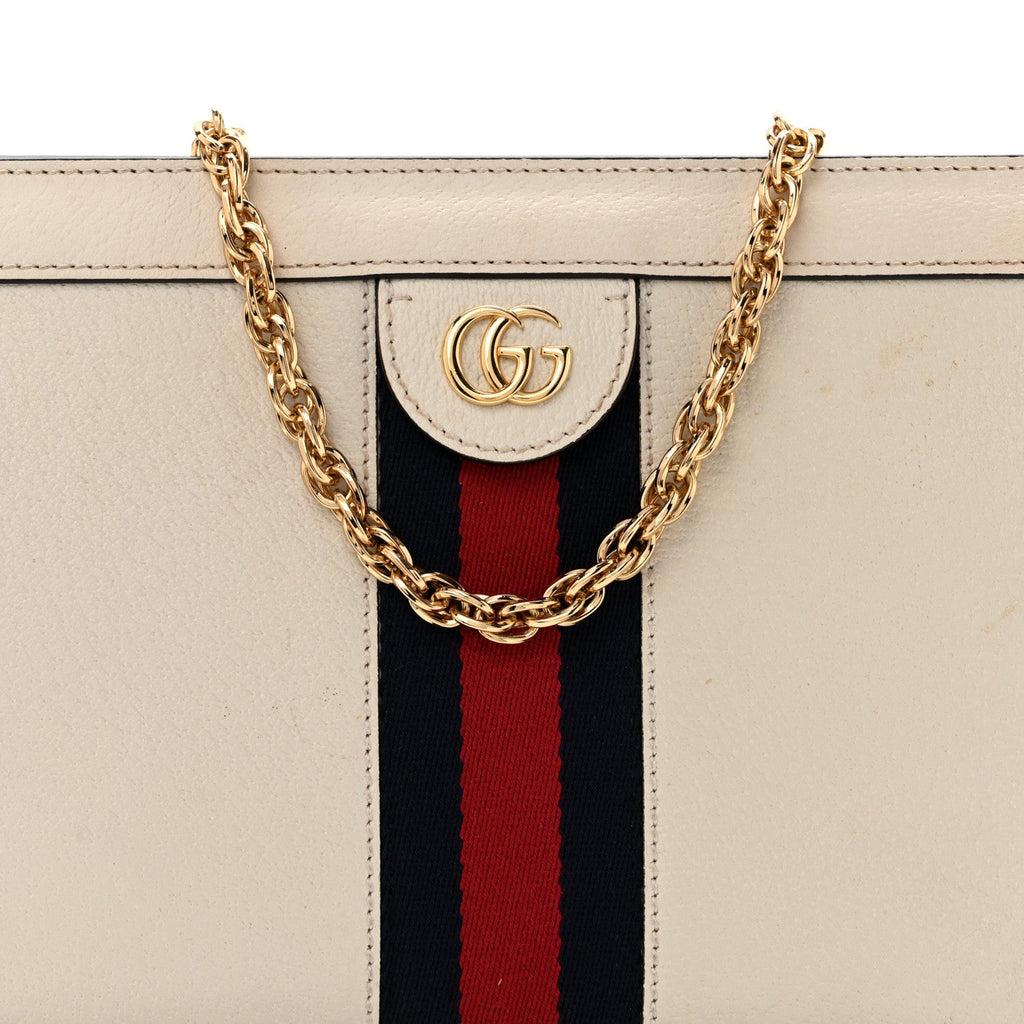 Textured Calfskin Web Small Ophidia Chain Shoulder Bag Mystic White