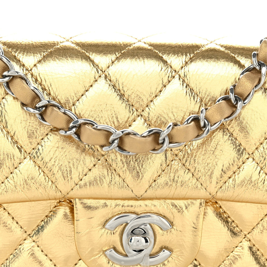 Metallic Crumpled Calfskin Quilted Mini Rectangular Flap Gold