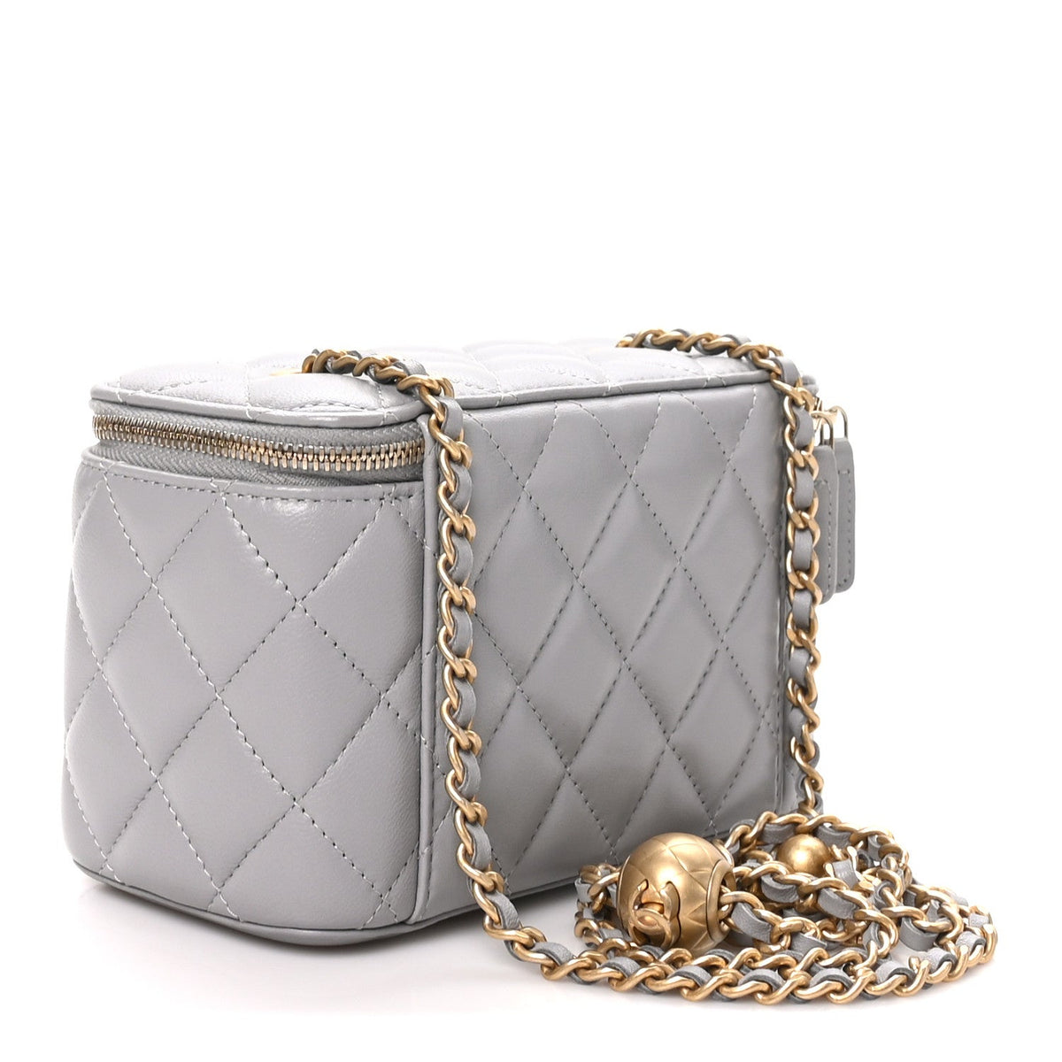 Lambskin Quilted Small Pearl Crush Vanity Case With Chain Grey