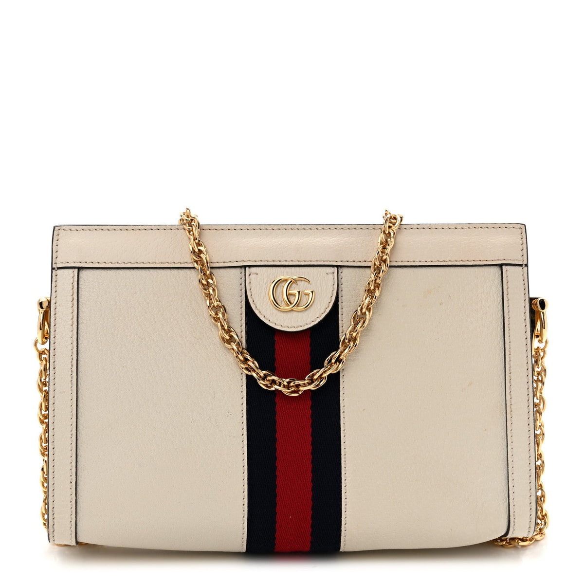 Textured Calfskin Web Small Ophidia Chain Shoulder Bag Mystic White