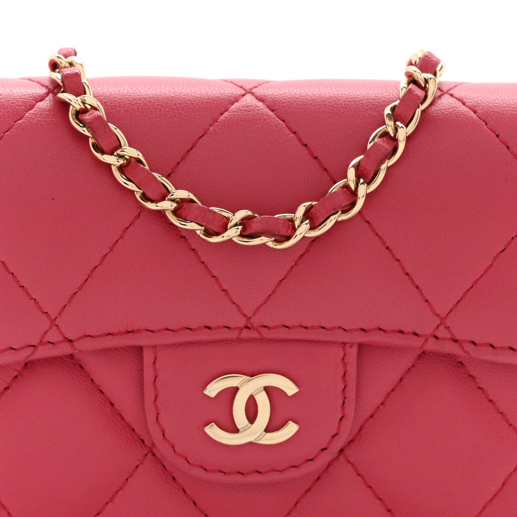 Lambskin Quilted Flap Card Holder On Chain Pink