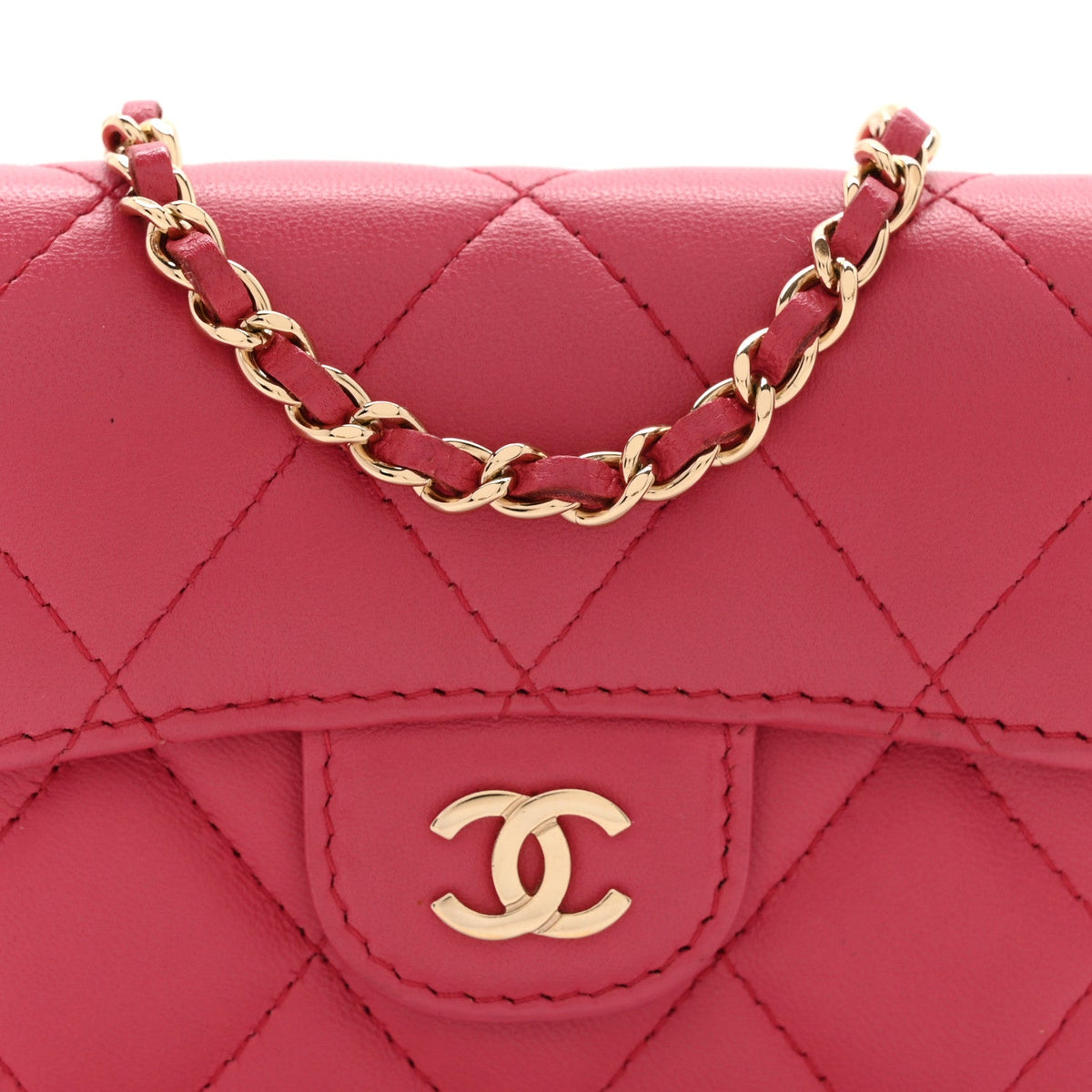 Lambskin Quilted Flap Card Holder On Chain Pink