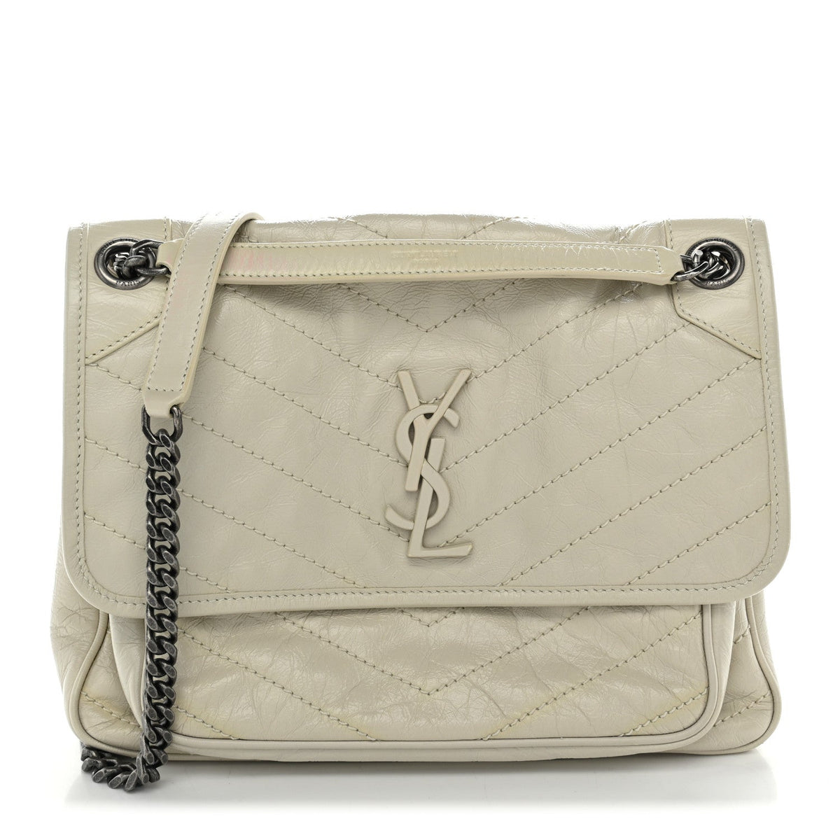 Crinkled Calfskin Matelasse Monogram Medium Niki Chain Satchel Blanc Vintage
