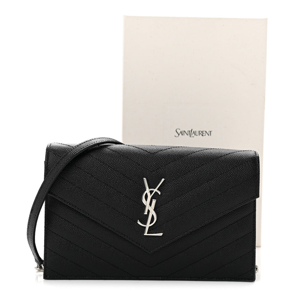 Grain De Poudre Matelasse Chevron Monogram Envelope Chain Wallet Black