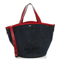 Denim Calfskin Logo Shopping Tote Blue Red