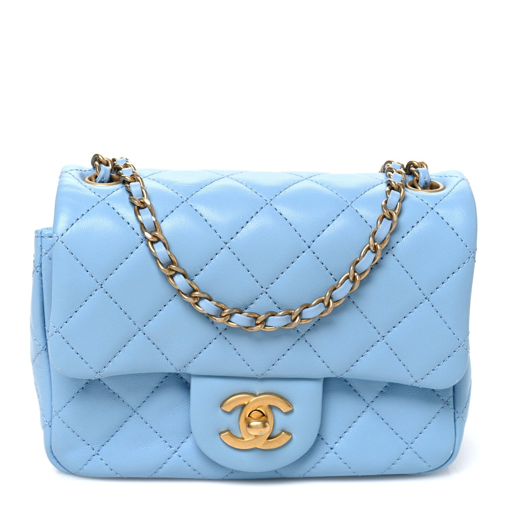 Lambskin Quilted Mini Pearl Crush Flap Light Blue