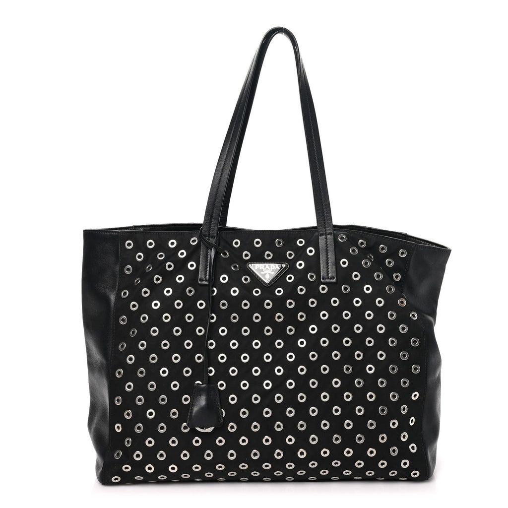 Tessuto Nylon Calfskin Grommet Tote Black