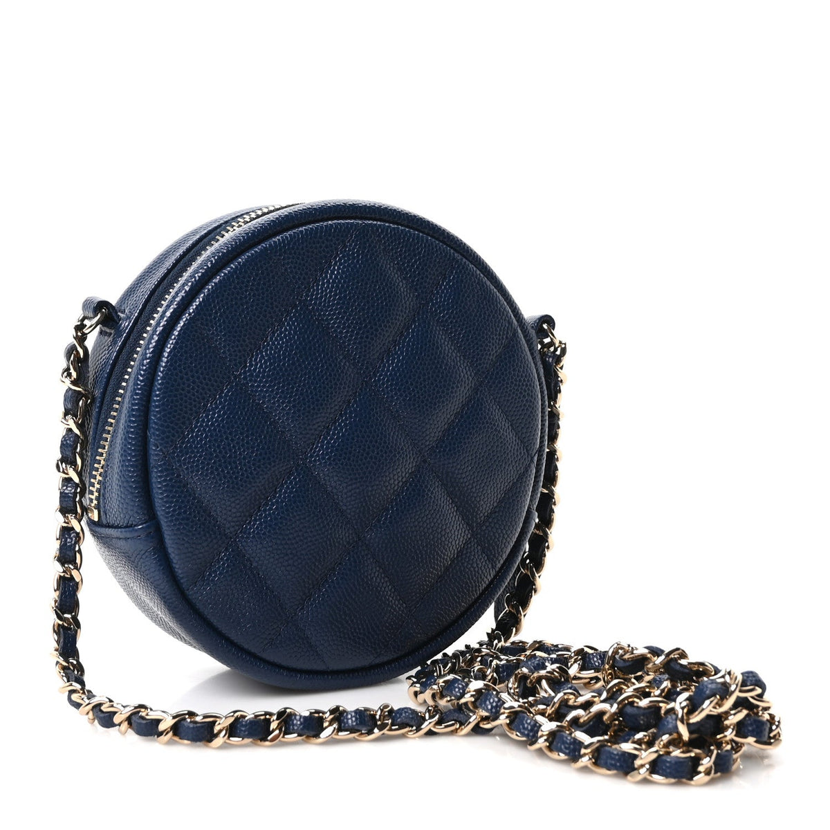 Caviar Quilted Round Clutch With Chain Navy