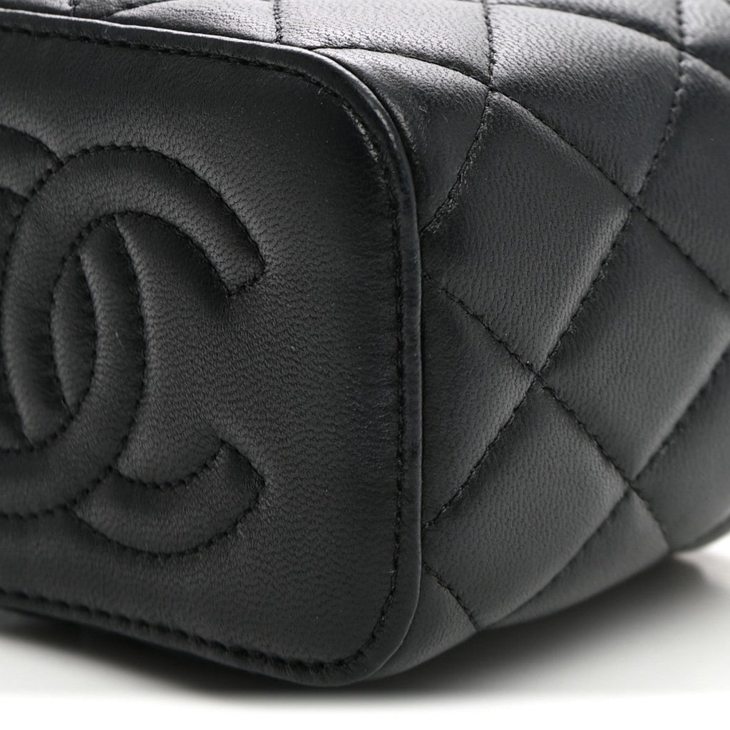Lambskin Quilted Top Handle Mini Vanity Case With Chain Black