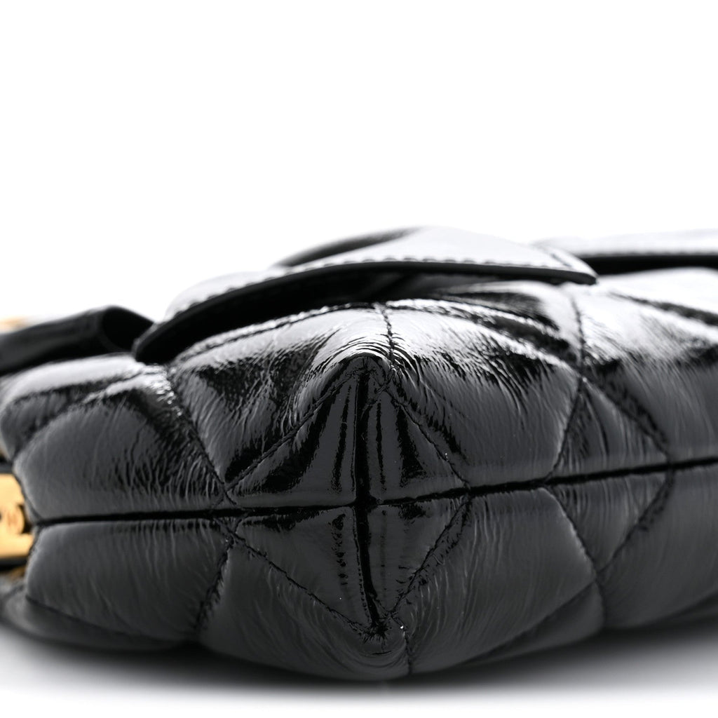 Patent Crumpled Lambskin Quilted Maxi Bow Clutch With Chain Black