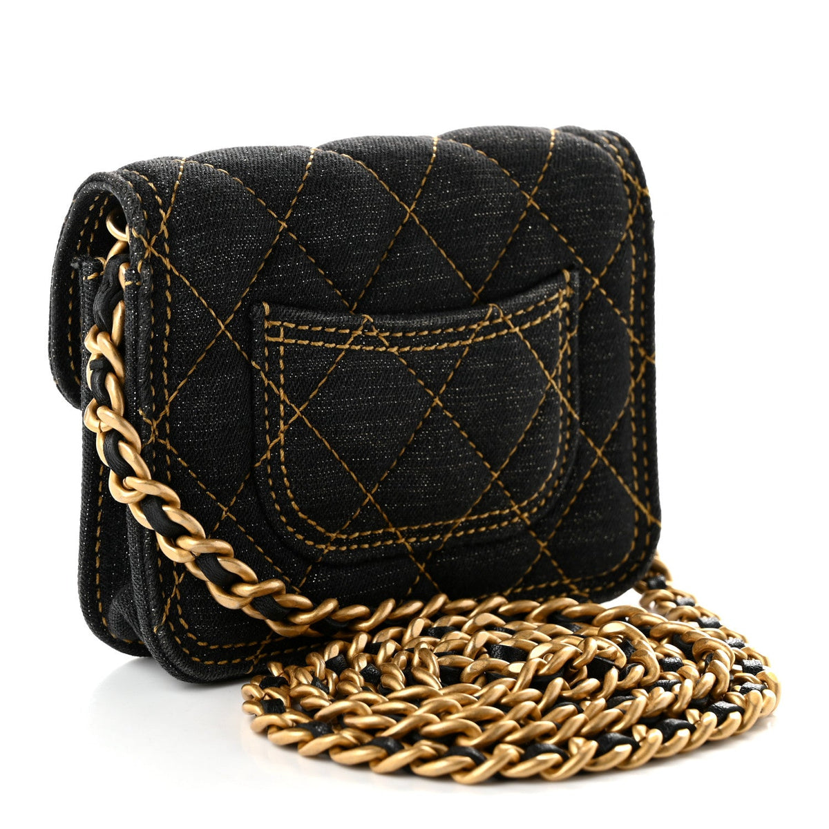 Denim Quilted Double You Card Holder On Chain Black Golden