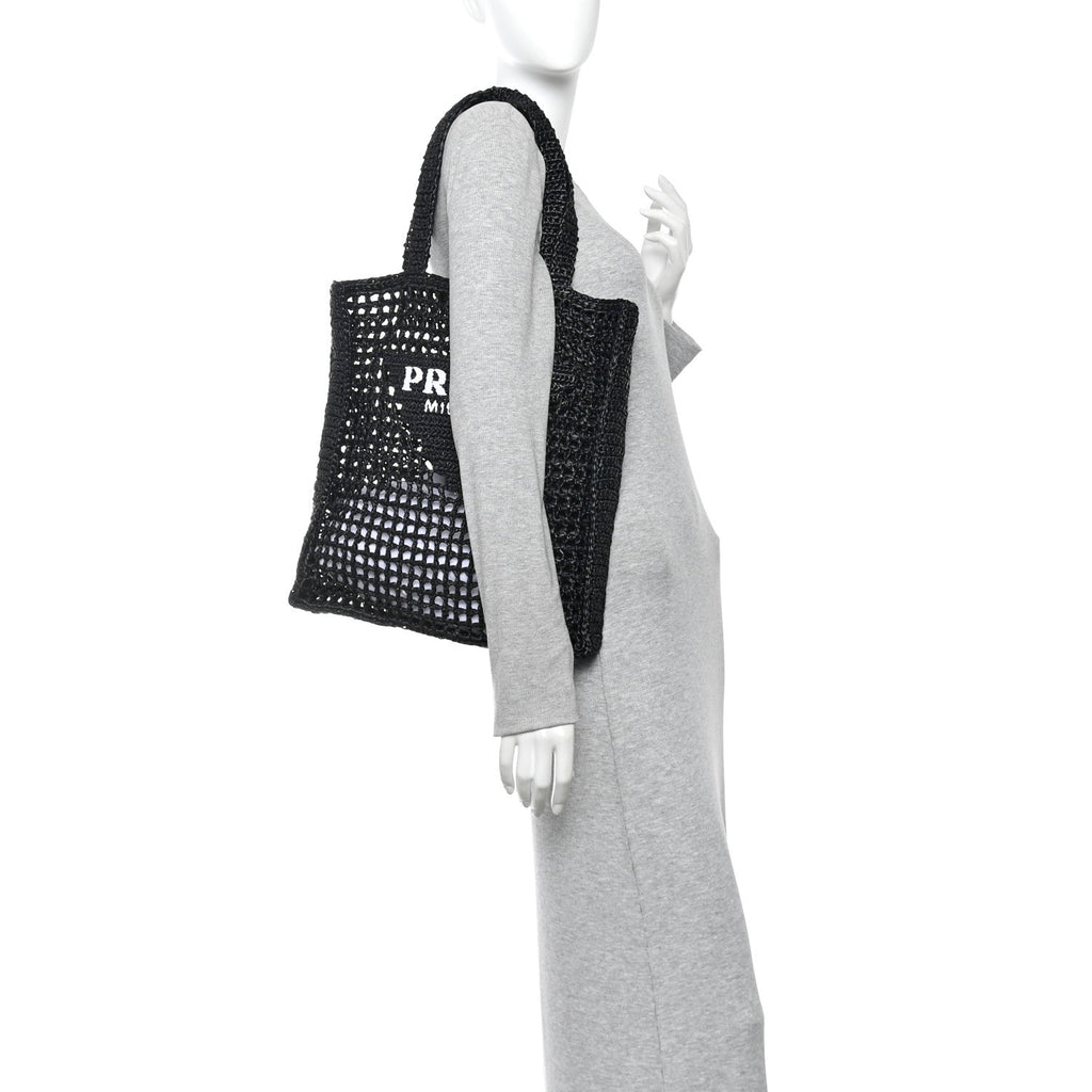 Yarn Raffia Effect Crochet Logo Embroidered Tote Bag Black